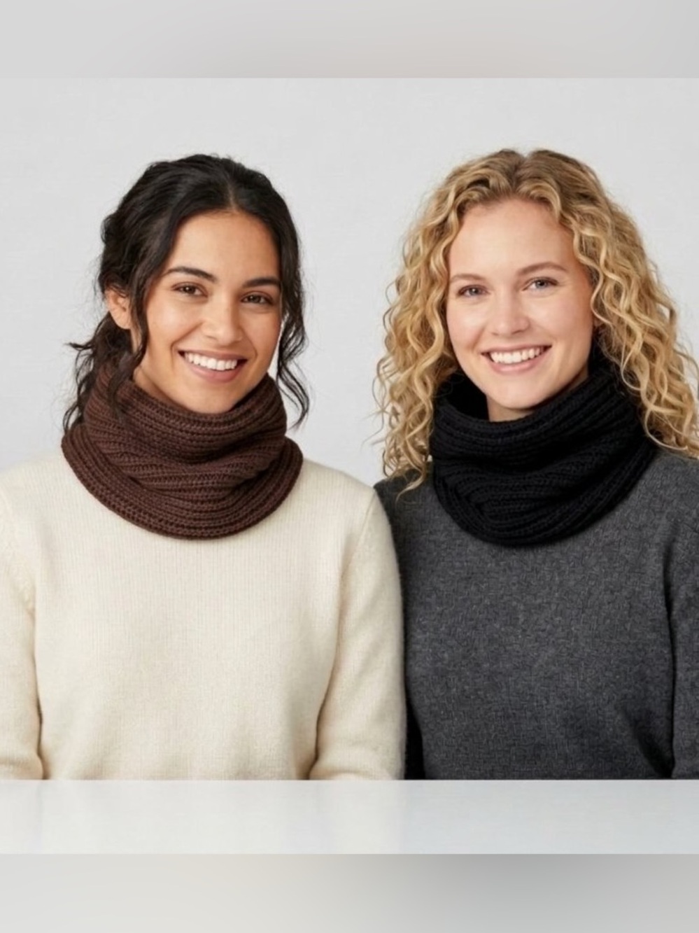 Unisex Ribbed Knit Infinity Scarf Neck Warmer Set – Brown & Black